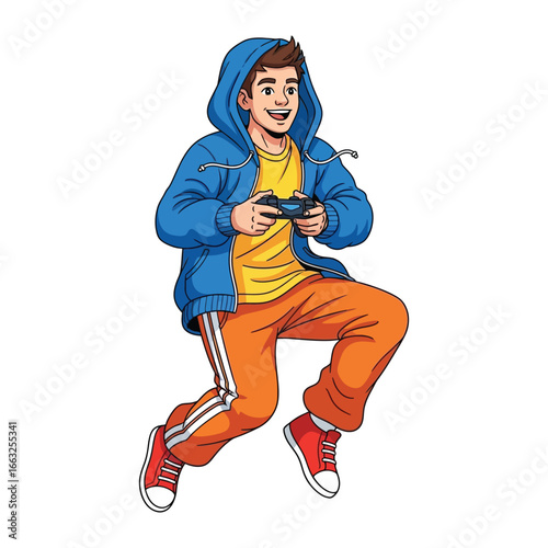 Youthful Gamer in Mid-Air: A vibrant illustration portrays a young gamer, immersed in a virtual world as he joyfully leaps mid-air, controller in hand, capturing the essence of gaming passion.