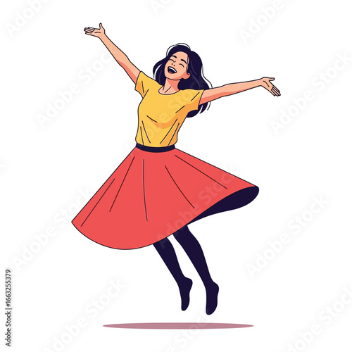 Joyful Dance: A woman radiates happiness as she leaps and twirls, her movements embodying freedom and glee, capturing the spirit of youthful vitality.