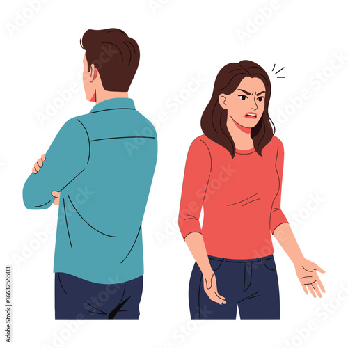 Conflict between relationship: A moment of tension and disagreement is vividly illustrated, with a woman's expressiveness and the man's disinterest.