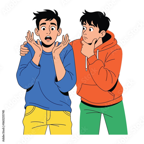 Concerned and Support: Depicting a moment of empathy, a compassionate figure offers a comforting hand to another, illustrating the importance of understanding and solidarity in a diverse community.