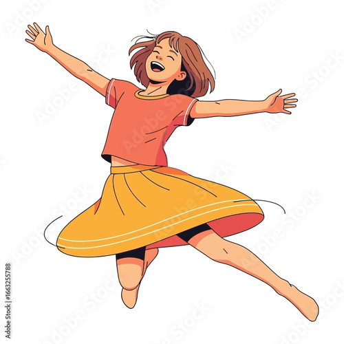 Joyful Leap of a Young Girl: A cheerful young girl, radiating pure happiness, leaps joyfully into the air, her arms outstretched, and a beaming smile adorning her face, representing unbridled freedom.