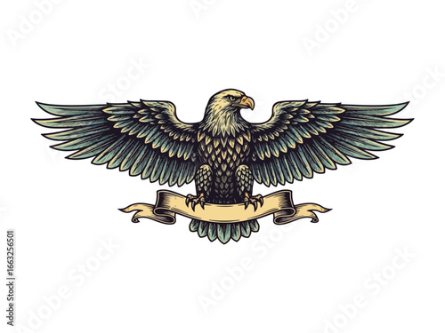 Majestic Eagle Emblem Spreading its Wings Wide - Holding a Banner Featuring Detailed Feather Work and a Classic Tattoo Aesthetic