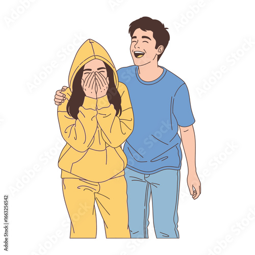 Shared Laughter:  A heartwarming scene captures two individuals in a moment of laughter and shared joy, illustrated with vibrant color and a focus on playful intimacy.