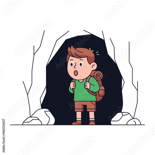 Adventure Awaits: A young explorer stands at the mouth of a cavern, his eyes wide with wonder and anticipation, ready to embark on a journey into the unknown.
