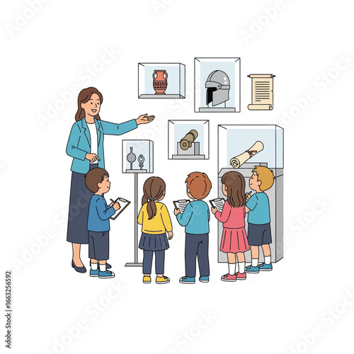 A teacher guides schoolchildren on a museum tour, showcasing ancient artifacts and historical relics.