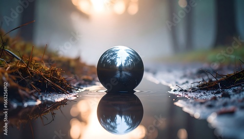 Reflective Sphere in Forest Puddle, Natures Reflection.