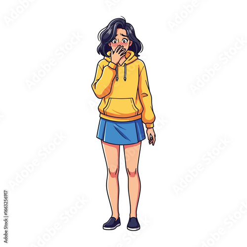 Embarrassed woman in a yellow jacket: A woman in a yellow hoodie and blue skirt stands, displaying a shy, bashful, and nervous demeanor. This illustrative image, conveying a range of emotions.