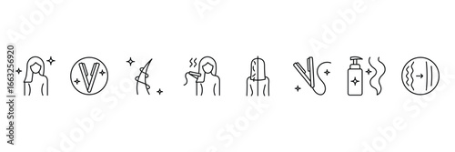 Hair straight line icons set. Hair straightener appliance for female haircut straightening and hair care cosmetic treatment outline icon. Vector illustration.