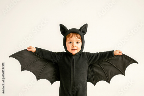 Cute young boy dressed in a black bat costume with wings and ears, arms outstretched against a plain background, fun Halloween child portrait perfect for costumes, parties, trick or treat