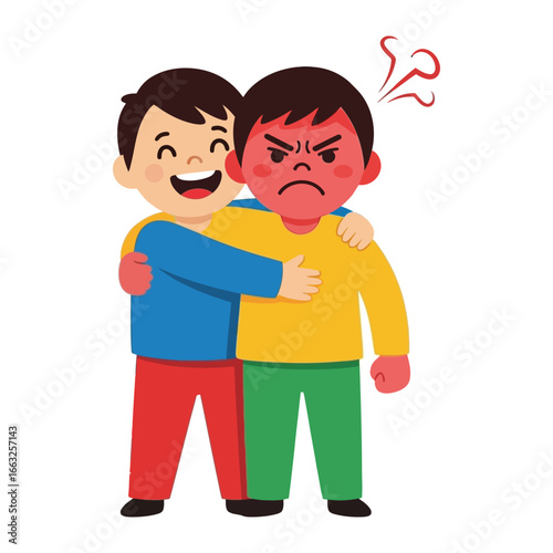 Friendship Comforts Anger: An animated illustration of two young individuals, one displaying anger and the other offering a comforting embrace, highlighting empathy.