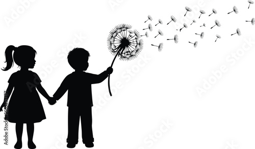Children silhouette illustration, blowing dandelion seeds, black and white vector, playful childhood moment, emotional innocence, minimalist design, symbolic wishful gesture