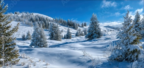 The serene winter landscape filled with glistening snow and towering trees.