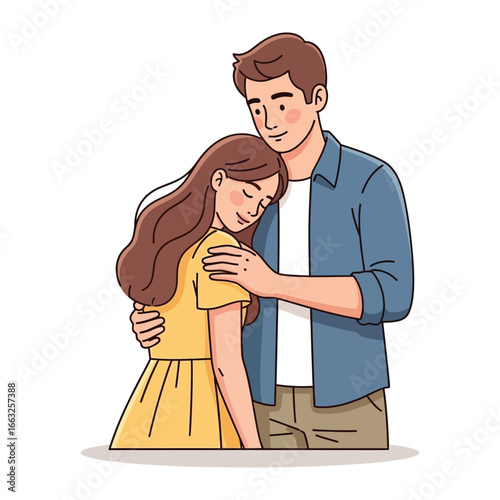 Affectionate Embrace: A tender moment of two, captured in a simple yet evocative style, showcasing the depth of a caring relationship, embracing each other in a moment of quiet connection.