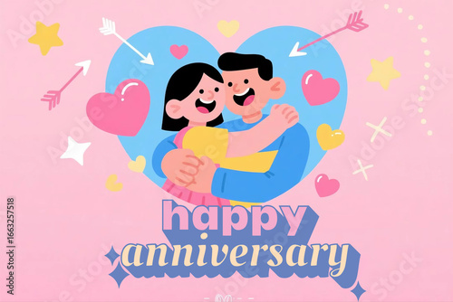Cartoon couple hugging with hearts and “Happy Anniversary” typography.