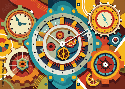This vibrant and dynamic image features an abstract clock design with numerous interlocking gears and colorful clock faces.