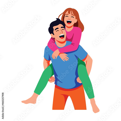 Joyful Piggyback Ride: A pair of individuals share a moment of pure joy, a man playfully giving a woman a piggyback ride, embodying happiness and the bond of shared laughter.