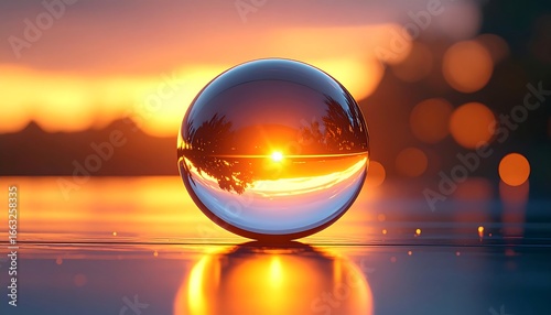 Crystal Ball Reflecting Sunset Over Cityscape, Golden Hour Reflection.