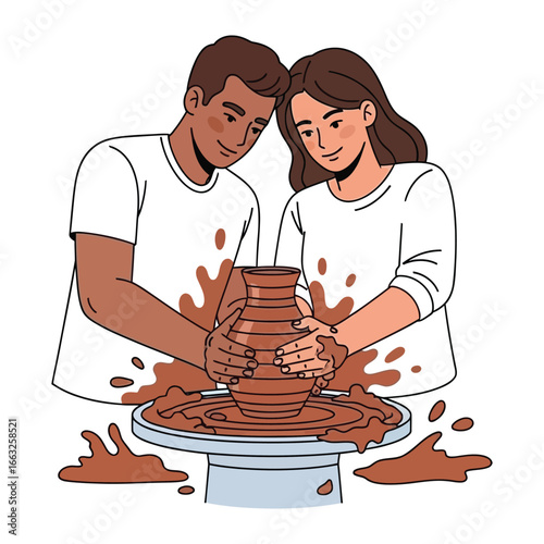 Handcrafting Together: A couple, engrossed in the shared intimacy of shaping a clay pot on a pottery wheel.