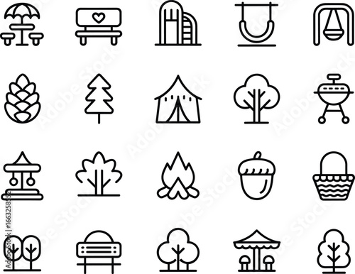 Outdoor park icons set, picnic table, park bench, playground slide, swing set, nature trees, camping tent, barbecue grill, campfire, acorn, picnic basket,