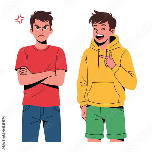 Contrasting Emotions: Two young men express distinctly opposing emotions - anger and joy. One person displays an irritated expression, while the other radiates laughter.