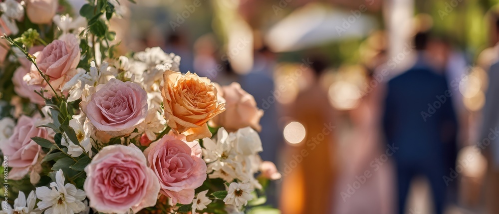 Fototapeta premium The Beautiful Floral Arrangement Enhancing a Joyful Wedding Celebration.