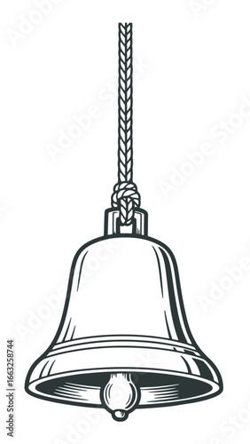Detailed Illustration of a Bell Hanging from a Rope in Black and White