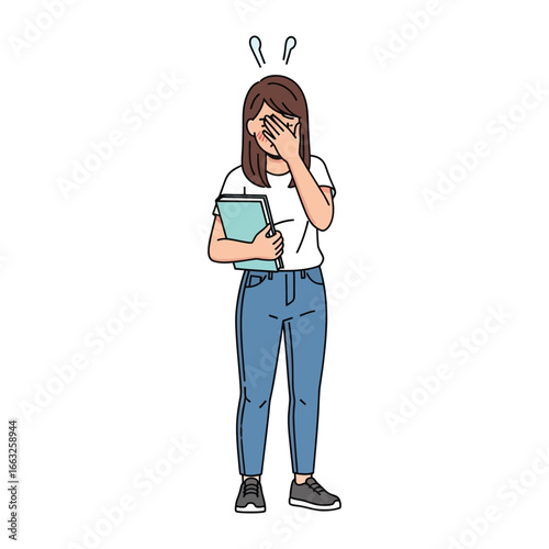 Embarrassed Woman with Files: A young woman, overwhelmed and mortified, covers her face with her hand while holding a file.