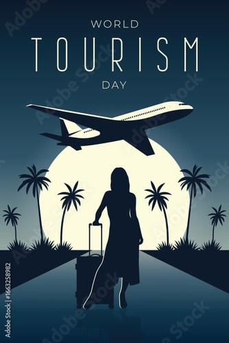 World Tourism Day poster with airplane and traveler vector illustration.