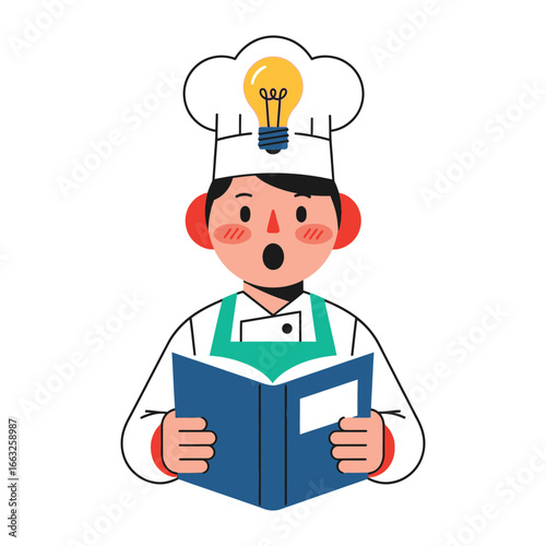 Chef's Eureka Moment: Capturing the essence of culinary inspiration, a chef, with an illuminated lightbulb, finds an epiphany in a recipe book, heralding innovation in the kitchen. 