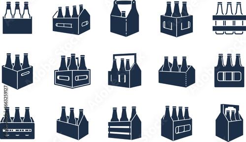 Beer bottle pack icon, beverage packaging illustration, alcohol drink crate design, six pack bottles symbol, brewery container graphic, vector silhouette