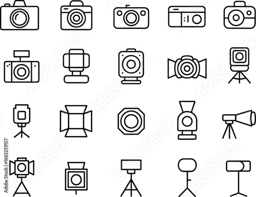 Photography equipment icon set, camera, flash, lighting, tripod, studio gear, line style, vector design, modern photo tools, minimal