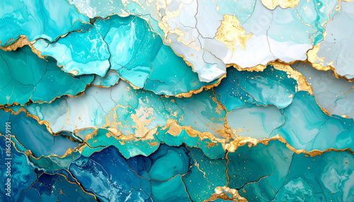 Abstract background with blue, turquoise and teal marble texture accented with golden cracks. Elegant fluid art design with vibrant ocean tones and luxurious shimmering details.