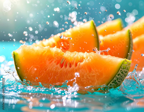 Juicy slices of ripe cantaloupe melon splashing into fresh water with drops frozen in motion. Bright summer scene with vibrant colors, refreshing fruit and sparkling background.