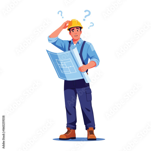 Construction Worker with Dilemma: A bewildered construction worker, donning a protective helmet and clutching architectural blueprints, grapples with uncertainty, symbolized by question marks.