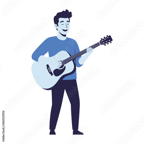 Melodic Serenade: A serene individual strums an acoustic guitar, his eyes closed in the rapture of music, a captivating moment of artistic expression and the simple beauty of musical performance.