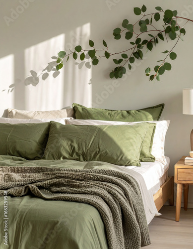 Cozy bedroom interior with green bedding, soft pillows, knitted blanket and wooden nightstand. Sunlight casts shadows on the wall decorated with eucalyptus branch for natural calm.