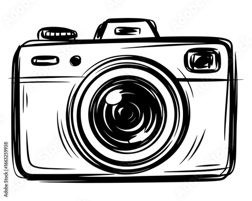 Retro film camera with flash photography equipment sketch