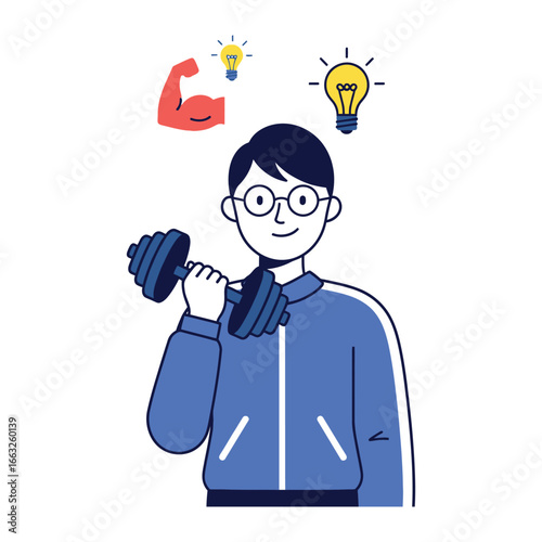Strength of mind: An illustration showcases a person lifting weights with a backdrop of both the symbol of a bright idea and the symbol of an arm muscle.