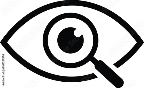Eye with magnifying glass icon, vision search symbol, view inspection illustration, focus detail design, observation icon, eyesight, optical vector