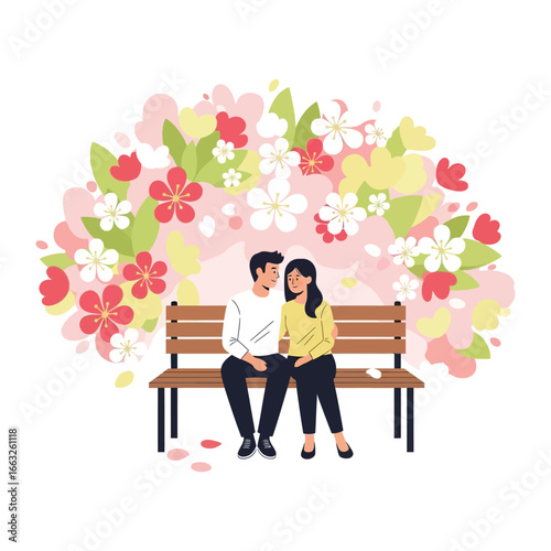 A Springtime Serenade: A couple finds solace on a wooden bench, enveloped in a blossom of flowers, a metaphor for blooming affection and the sweetness of shared moments.
