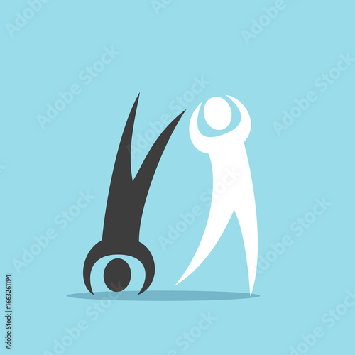 Happy optimistic crazy man upside down and pessimistic despaired depressed one. Bipolar disorder, stress, calmness, joy, positive and negative emotion concept. Flat design. EPS 8 vector illustration