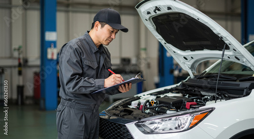 車の点検を行うアジア人整備士