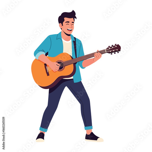 Musical Reverie: A Man's Harmonious Melodies with Guitar: A man is captivated with the song on the acoustic guitar, conveying a symphony of emotions.