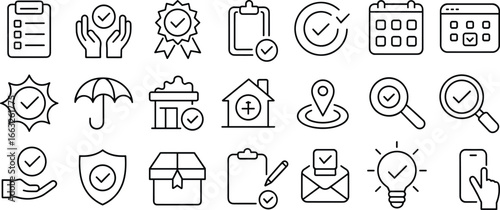 Approval icons, verification checklist, certified guarantee symbols, business confirmation signs, quality assurance, verified document, trusted service, secure approval, flat vector illustration