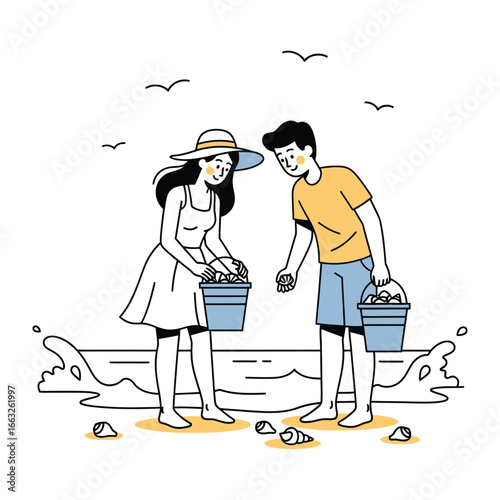 Seashell Collectors by the Shore: A young couple, absorbed in the delightful pursuit of seashell gathering, explore the sandy expanse by the tranquil ocean.