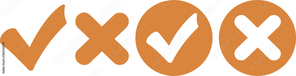 Obraz premium Orange Check Mark, Cross Sign on White Background, Yes No Symbols, Approval Icons