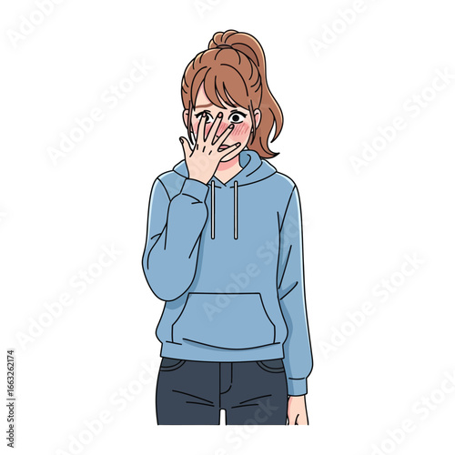 Shy Girl: An illustration of a girl wearing a hoodie, covering her face with one hand, depicting a shy and modest expression.