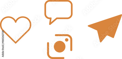 Social Media Icons, Heart, Chat Bubble, Camera, Paper Airplane, Orange Outlines
