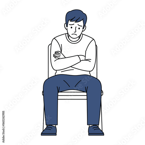 A Moment of Solemnity: A man sits alone, posture expressing the weight of thought, as he seems immersed in contemplation. His presence evokes a sense of introspective sadness.