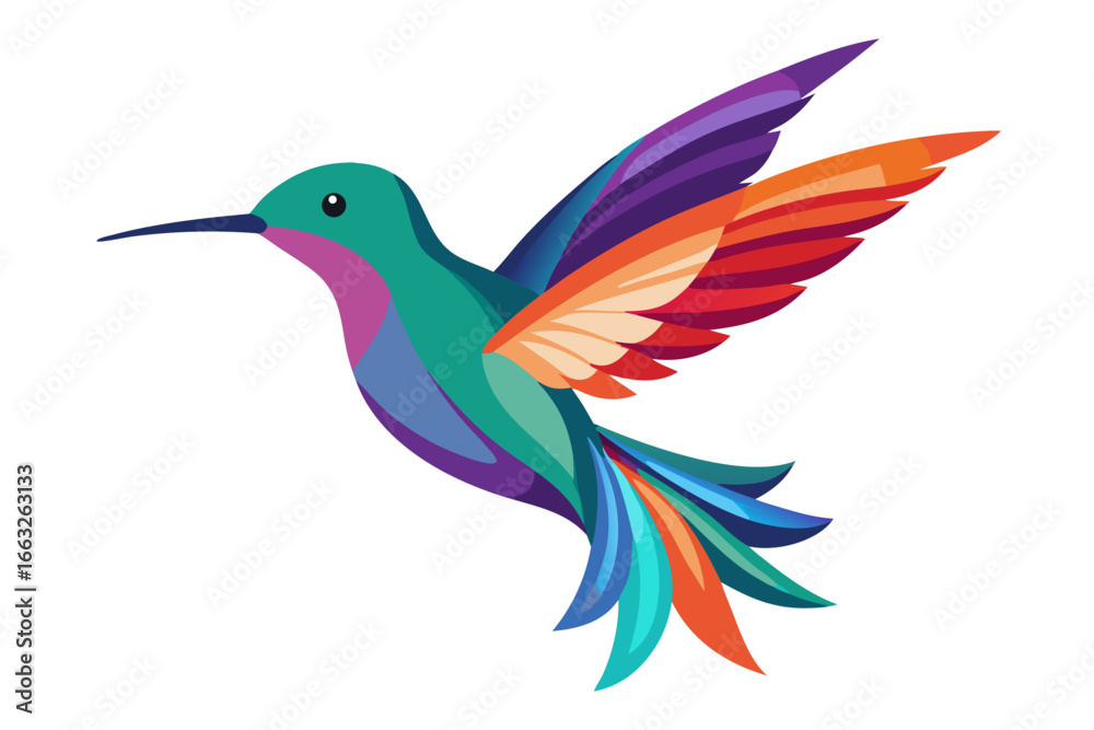 Obraz premium Vibrant geometric hummingbird in flight with colorful wings and tail feathers